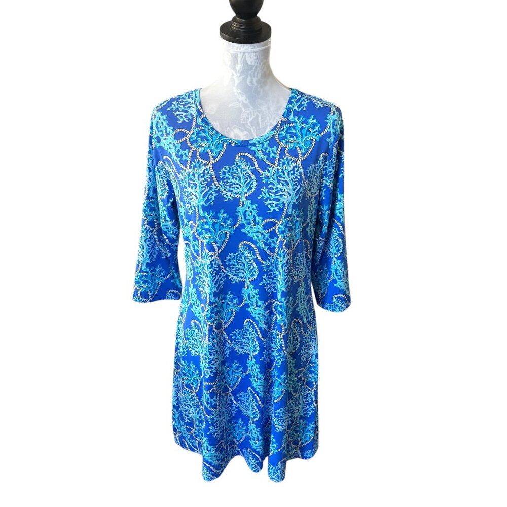 Lulu-B Womens Dress Blue Athletic Golf UPF 50+ Long Sleeve Coral Print Medium